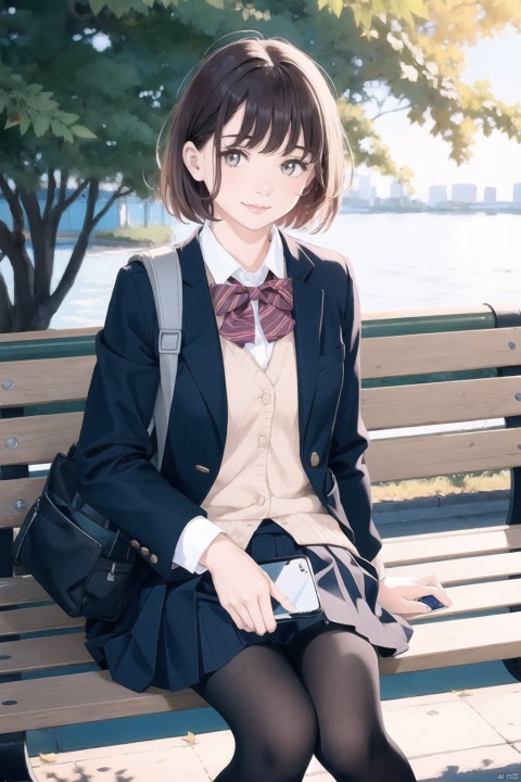  1girl, solo, brown hair, skirt, pantyhose, bag, short hair, phone, school uniform, looking at viewer, bench, cellphone, black pantyhose, sitting, jacket, realistic, outdoors, brown eyes, shirt, holding, leaf, bangs, holding phone, blazer, smartphone, pleated skirt, black jacket, blue skirt, school bag, smile, lips, long sleeves, white shirt, collared shirt, uniform, closed mouth, day, backpack,