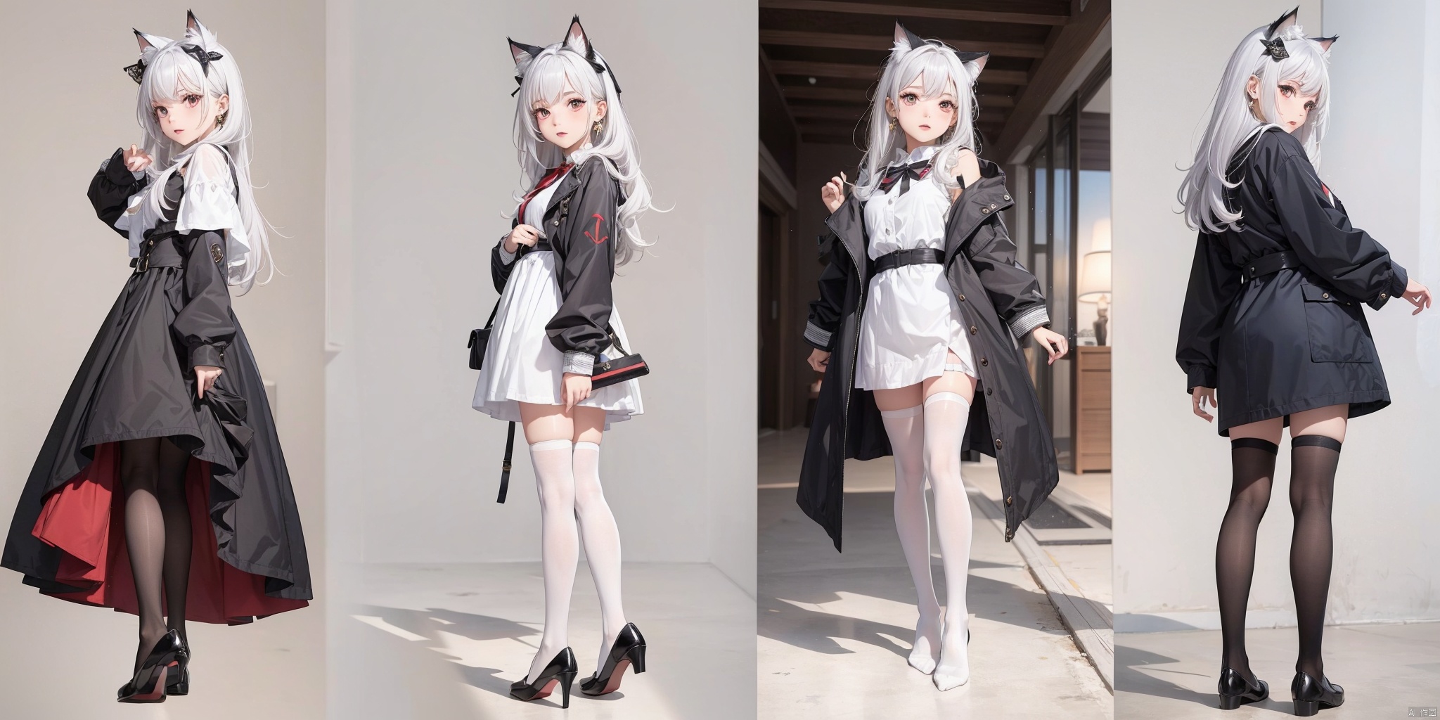  1girl,(6 perspectives, 6 views, simple background, multiple views), solo,dress, lips,thighhighs,no shoes, full body,white hair,long wavy hair,red eyes,earrings, bangs,the upper body,looking at viewer,white thighhighs,over-kneehighs,long sleeves,long dress,walking,cat ears, (on back:1.2), (looking back:1.1),