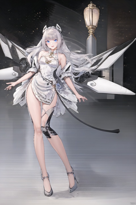  girl, long hair, blue eyes, open mouth, smile, looking at viewer, bangs, full body, mecha musume,chinese dress, high heels, white hair, boots, bare shoulders, white dress, floating hair, high heel boots,