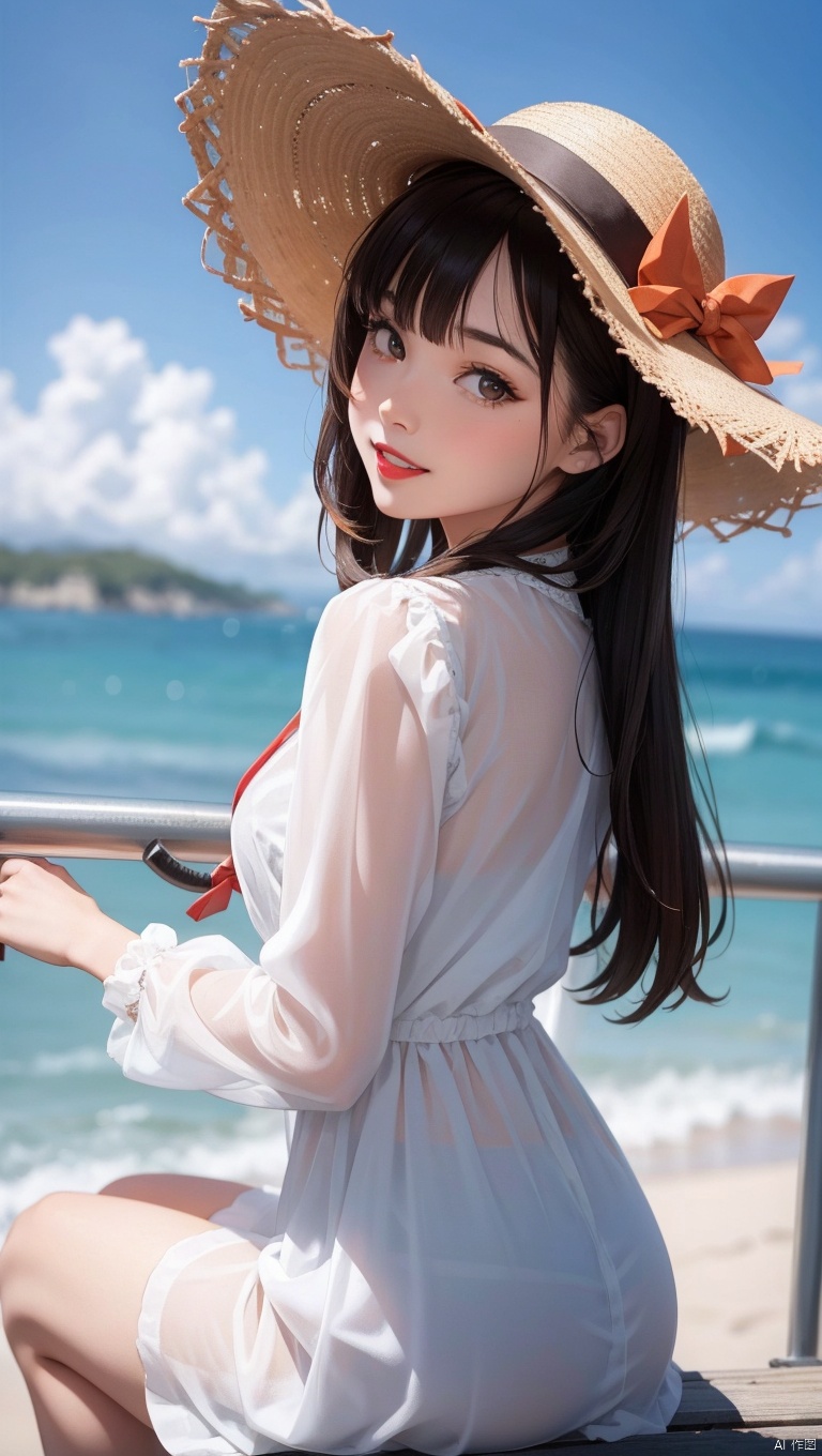  1girl, hat, long hair, solo, outdoors, black hair, dress, white dress, sun hat, looking at viewer, day, black eyes, chair, beach, ocean, blurry, smile, parted lips, dutch angle, straw hat, lipstick, bangs, standing, from side, makeup, water, scenery, sky, teeth, red lips, lips, brown eyes, blurry background, holding, depth of field, sitting, realistic, looking to the side, long sleeves, railing, pale skin, looking back, shore, leaning forward, sundress, breasts, blunt bangs, see-through, brown hair, umbrella