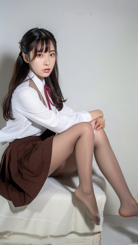  1girl,solo,long hair,lips,brown eyes,skirt,shirt,pantyhose,full body,sitting,brown skirt,school uniform,white shirt,long sleeves,no shoes,barefoot,vest,looking at viewer,brown vest,collared shirt,parted lips,knee up,pantyshot,white pantyhose,brown dress,see-through legwear,pleated skirt, bangs,necktie,toes,neck ribbon, mile,ribbon,brown ribbon, see-through, makeup,white background,simple background,