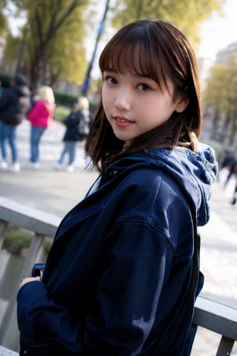  1girl, denim, denim jacket, brown hair, bag, blurry, realistic, jeans, jacket, blurry background, looking at viewer, outdoors, smile, brown eyes, hood, lips, depth of field, long hair, handbag, solo, bangs, solo focus, blue jacket, day, hood down, sky, parted lips, pants, teeth, from side, hoodie, denim shorts, looking to the side, long sleeves, dutch angle ,