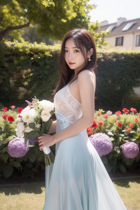  1 girl,named aki.flower, dress, jewelry, earrings, long hair, brown hair, green dress, wedding dress, red flower, veil, rose, bare shoulders, holding bouquet, (Sunny Day, Walking in the Garden),looking at viewer