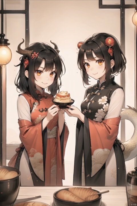  lbbd, ragon, red, anger, angry, horns, tail, dragon tail, red hair, dragon horns, standing, smile, chinese, dofas, chinese new year, eat bread eating, 2girls, multiple girls,