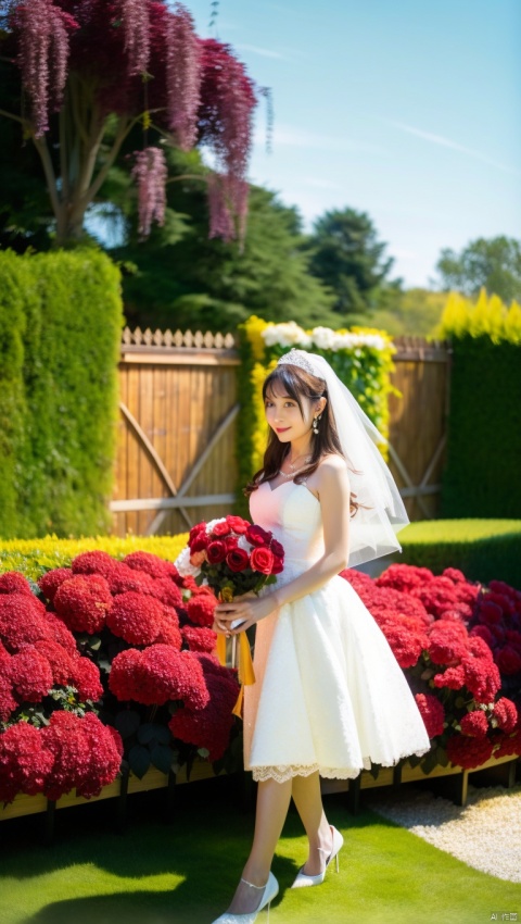  1 girl,.flower, dress, jewelry, earrings, long hair, brown hair, white dress, wedding dress, red flower, veil, rose, bare shoulders, holding bouquet, (Sunny Day, Walking in the Garden),looking at viewer,
