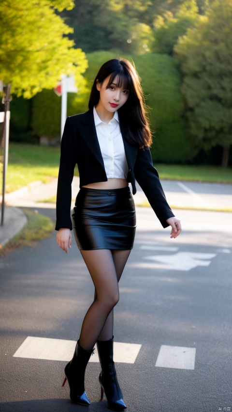  1girl, jacket, skirt, solo, necktie, brown hair, white shirt, shirt, long hair, boots, pantyhose, black skirt, black jacket, black necktie, brown eyes, black footwear, collared shirt, crop top, pencil skirt, outdoors, looking at viewer, knee boots, midriff, full body, open jacket, standing, crossed legs, long sleeves, blurry background, blurry, open clothes, lips, red lips, bangs, smile, head tilt, parted lips, brown jacket, cropped jacket, leather jacket, tree, chain, breasts, shirt tucked in, miniskirt, grey pantyhose, lipstick, walking, leather, belt, high-waist skirt, bush, road, shadow, uniform, realistic, high heels,sunlight