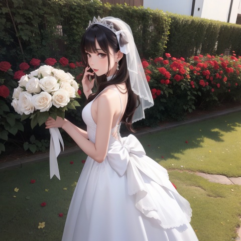  1girl, (look at viewer), bouquet, flower, dress, jewelry, earrings, long hair, brown hair, red dress, wedding dress, red flower, veil, rose, bare shoulders, holding bouquet, white rose, outdoors, profile, sleeveless dress, standing, hair bow, bridal veil, bride, sleeveless, bow, ribbon, black hair, red lips, from side, hair ribbon, lips, breasts, cowboy shot, half updo, hand on own face,sunlight,