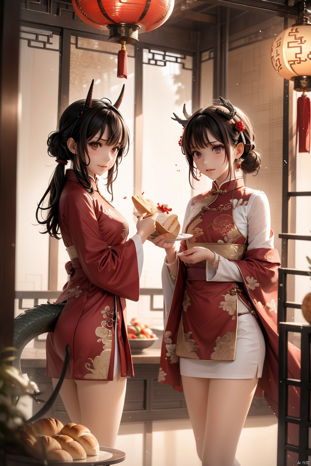  lbbd, ragon, red, anger, angry, horns, tail, dragon tail, red hair, dragon horns, standing, smile, chinese, dofas, chinese new year, eat  bread eating, 2girls, multiple girls,