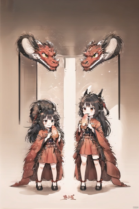 lbbd, ragon, red, anger, angry, horns, tail, dragon tail, red hair, dragon horns, standing, smile, chinese, dofas, chinese new year, eat bread eating, 2girls, multiple girls,
