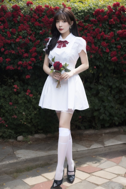  1girl,office lady,dress, lips, thighhighs, walking, long white hair, flower, rose, black footwear, bow, red bow, earrings, bangs, the upper body, looking at viewer, outdoors, red eyes, red flower, long hair, vase, frills, white rose, full body, apron, plant, puffy short sleeves, lace-trimmed legwear,over-kneehighs, fishnet,sunlight