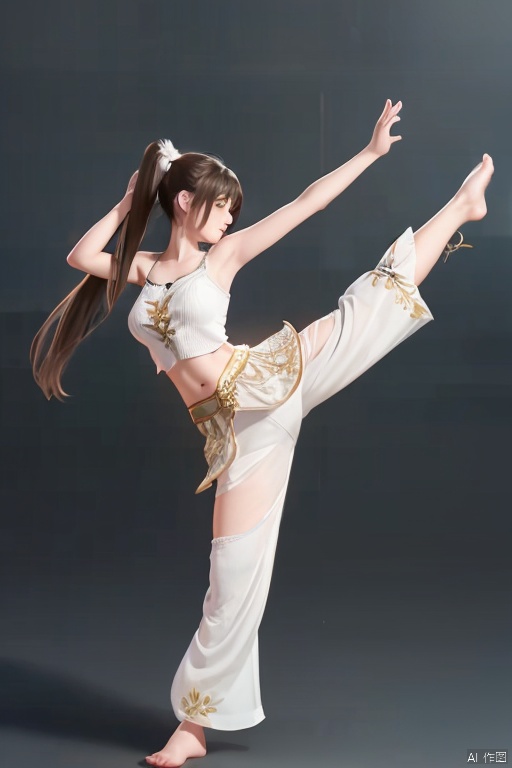  (,1girl, ,best quality,) ,masterpiece, fantasy, realistic,1girl, solo, simple background, brown hair, white background, twintails, full body, barefoot, pants, feet, profile, **** top, realistic, stretching, flexible 