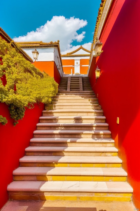 Sunny weather, red walls, yellow tiles, white marble steps,