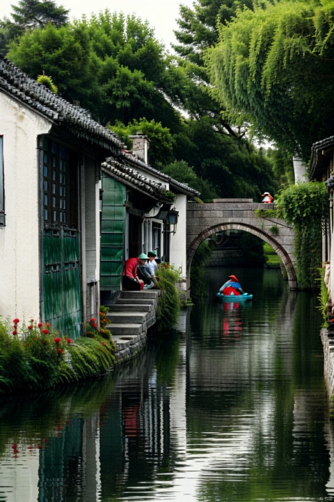 Green water, green tiles, small bridges and flowing water, people’s houses, 