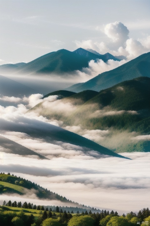 Continuous mountains, surrounded by clouds and mist, lush trees and grass on the mountains, sunny day, clear sky