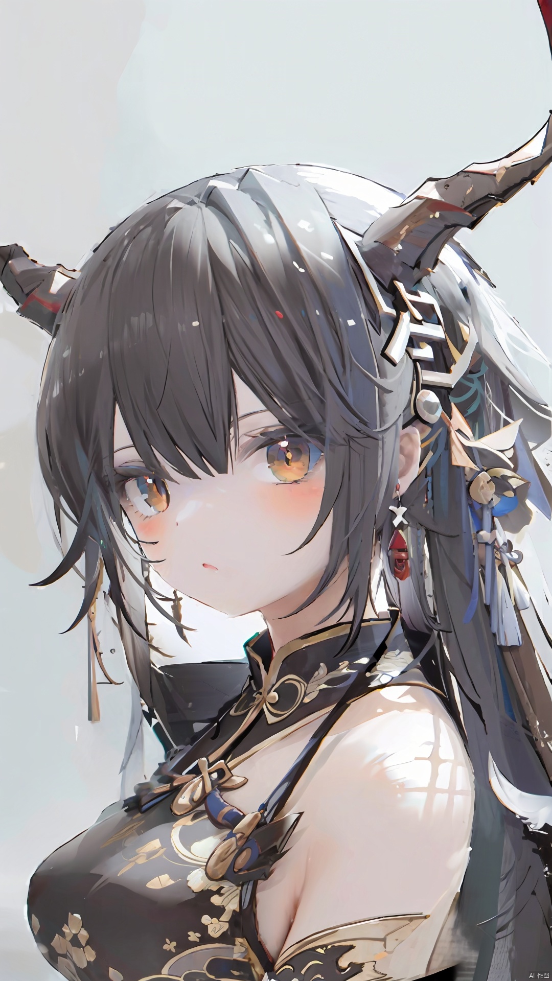  1girl, brown eyes, long hair, asymmetrical bangs, black hair, dragon horns, chinese clothes, china dress, , dragon girl, dragon