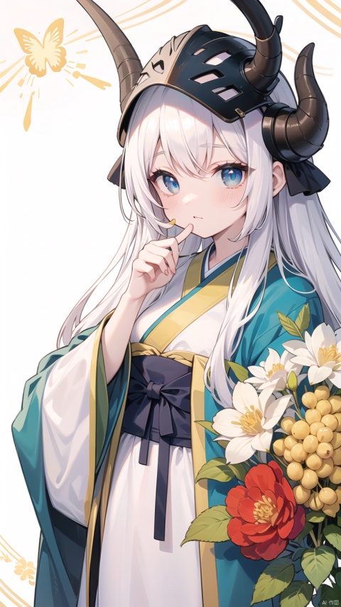  The Elder Scrolls,Bull Horn Iron Helmet,blue ru_qun,best_quality,head,original_outfit,hanfu,clear details,masterpiece, best_quality, clear details,1girl,garden background,, butterfly on finger,blue eyes,white hair,long hair,big eyes ,yuzu,liquid clothes,girl,Anime,azur lane, Chinese style, best quality, Apricot eye