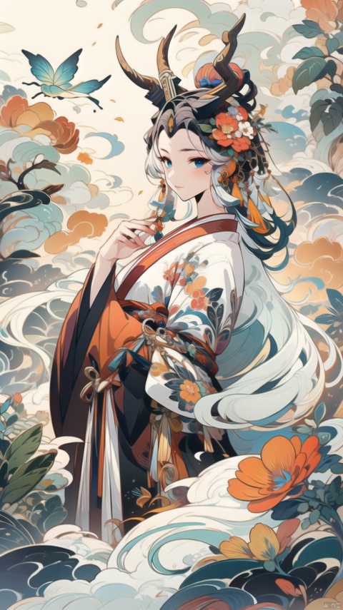  The Elder Scrolls,Bull Horn Iron Helmet,blue ru_qun,best_quality,head,original_outfit,hanfu,clear details,masterpiece, best_quality, clear details,1girl,garden background,, butterfly on finger,blue eyes,white hair,long hair,big eyes ,yuzu,liquid clothes,girl,Anime,azur lane, Chinese style, best quality, Apricot eye