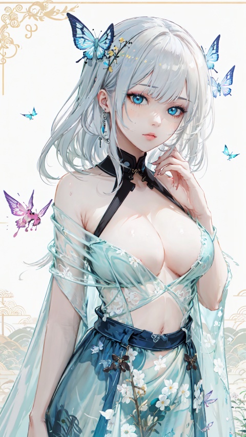  blue ru_qun,best_quality,head,original_outfit,hanfu,clear details,masterpiece, best_quality, clear details,1girl,garden background,, butterfly on finger,blue eyes,white hair,long hair,big eyes ,yuzu,liquid clothes,girl,Anime,azur lane, Chinese style, best quality, Apricot eye, mature female