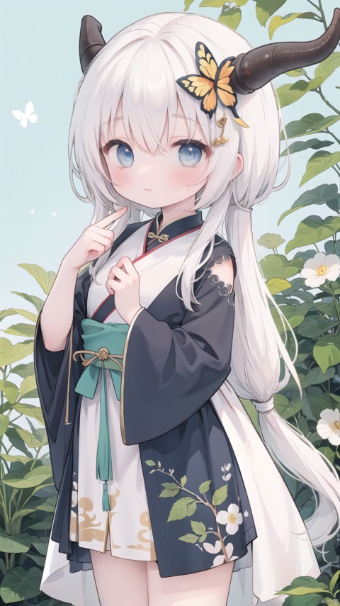  The Elder Scrolls,Bull Horn Iron Helmet,blue ru_qun,best_quality,head,original_outfit,hanfu,clear details,masterpiece, best_quality, clear details,1girl,garden background,, butterfly on finger,blue eyes,white hair,long hair,big eyes ,yuzu,liquid clothes,girl,Anime,azur lane, Chinese style, best quality, Apricot eye