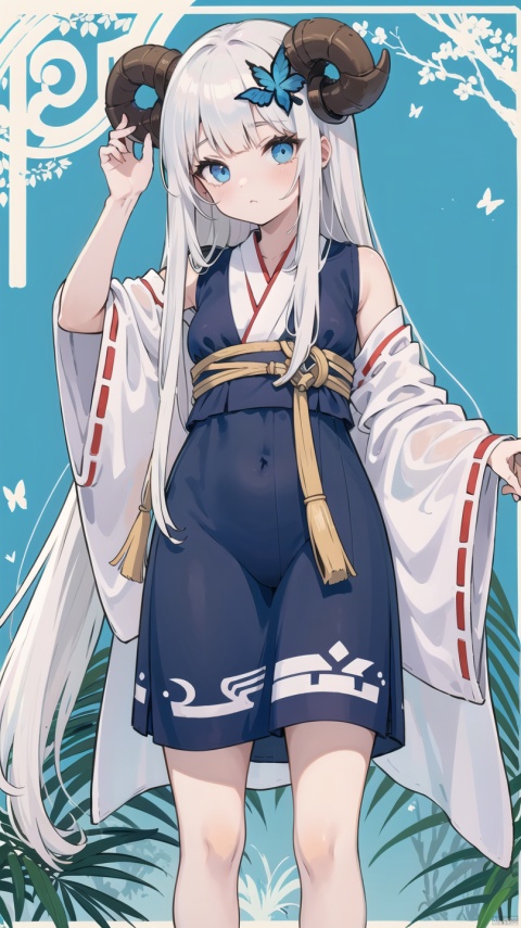  The Elder Scrolls,Bull Horn Iron Helmet,blue ru_qun,best_quality,head,original_outfit,hanfu,clear details,masterpiece, best_quality, clear details,1girl,garden background,, butterfly on finger,blue eyes,white hair,long hair,big eyes ,yuzu,liquid clothes,girl,Anime,azur lane, Chinese style, best quality, Apricot eye