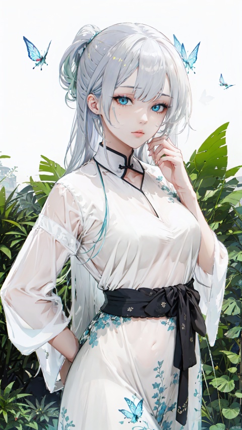  blue ru_qun,best_quality,head,original_outfit,hanfu,clear details,masterpiece, best_quality, clear details,1girl,garden background,, butterfly on finger,blue eyes,white hair,long hair,big eyes ,yuzu,liquid clothes,girl,Anime,azur lane, Chinese style, best quality, Apricot eye, mature female