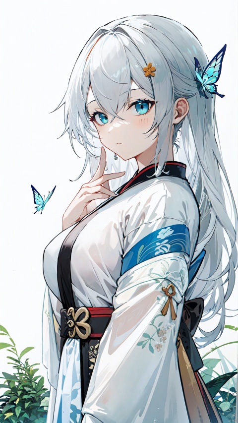  blue ru_qun,best_quality,head,original_outfit,hanfu,clear details,masterpiece, best_quality, clear details,1girl,garden background,, butterfly on finger,blue eyes,white hair,long hair,big eyes ,yuzu,liquid clothes,girl,Anime,azur lane, Chinese style, best quality, Apricot eye, mature female, solo