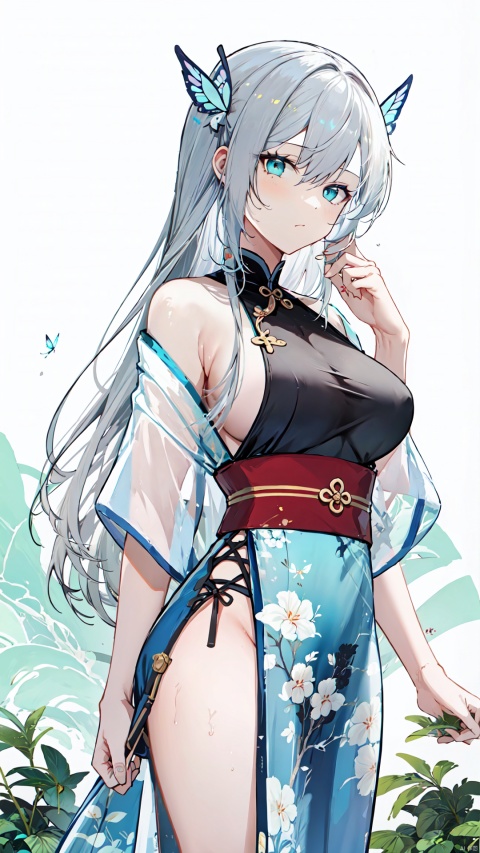  blue ru_qun,best_quality,head,original_outfit,hanfu,clear details,masterpiece, best_quality, clear details,1girl,garden background,, butterfly on finger,blue eyes,white hair,long hair,big eyes ,yuzu,liquid clothes,girl,Anime,azur lane, Chinese style, best quality, Apricot eye, mature female, solo