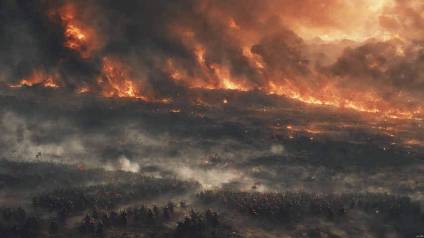  Aerial view, epic, ancient war, two armies facing each other on a vast battlefield, flags flying, red flames all over the battlefield, black smoke rising from the flames, smoke-covered sun, sense of destruction, tension
