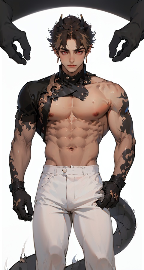 chongyue,zhongyue,earrings,red eyes,gloves,jewelry,brown hair,juvenile,  white pants,one boy, short hair,white leggings,fu,standing,(big pecs),abdominal,detailed face,(solo),detailed eyes, Perfect features,narrow waist, thick thighs, Droop your hands naturally,no top,no clothes,(very thick biceps),4rmorbre4k