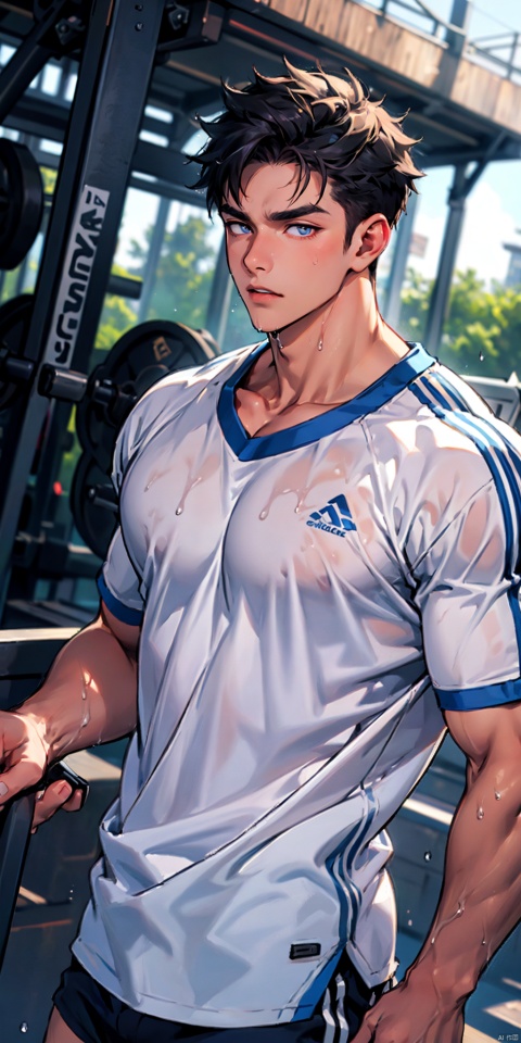  masterpiece, handsome teenager, huge pecs, detailed eyes, solo, wet clothes, gym shirt,low neckline, collarbone, slim, (large pectorals), thick thighs, narrow waist,obliques, shorts,stadium, upper body, Wriothesley, niji5, fu