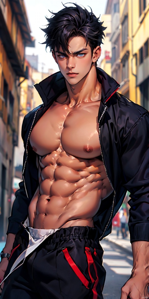  masterpiece, handsome teenager, (huge pecs), detailed eyes, solo, abs, topless, collarbone, slim, (large pectorals), narrow waist,(obliques), muscular, street, upper body, fu,Wriothesley,
