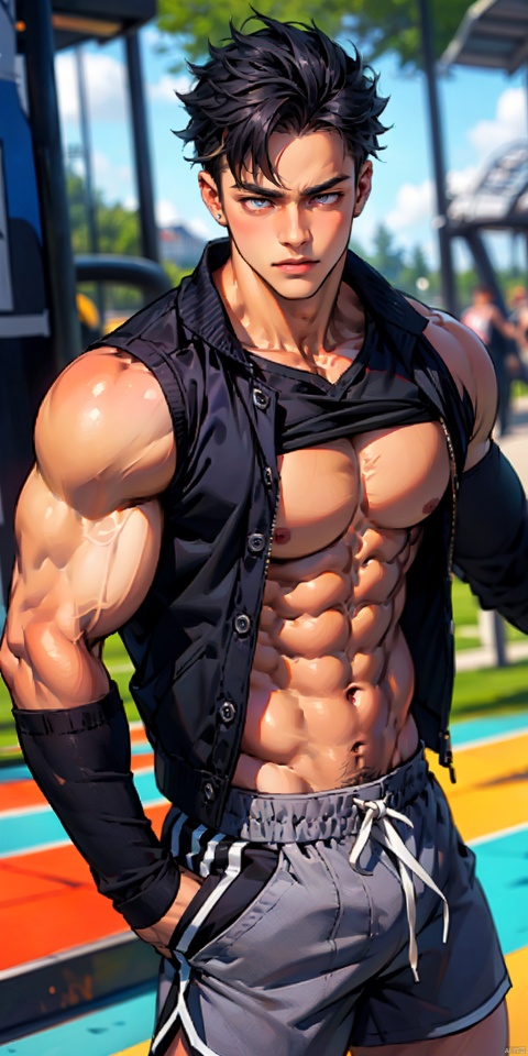 masterpiece, handsome teenager, (huge pecs), detailed eyes, solo, (abs), sleeveless jacket, collarbone,short hair,slim,(narrow waist),shorts,(obliques),muscular,in the playground, Wriothesley,upper body,thick thighs,