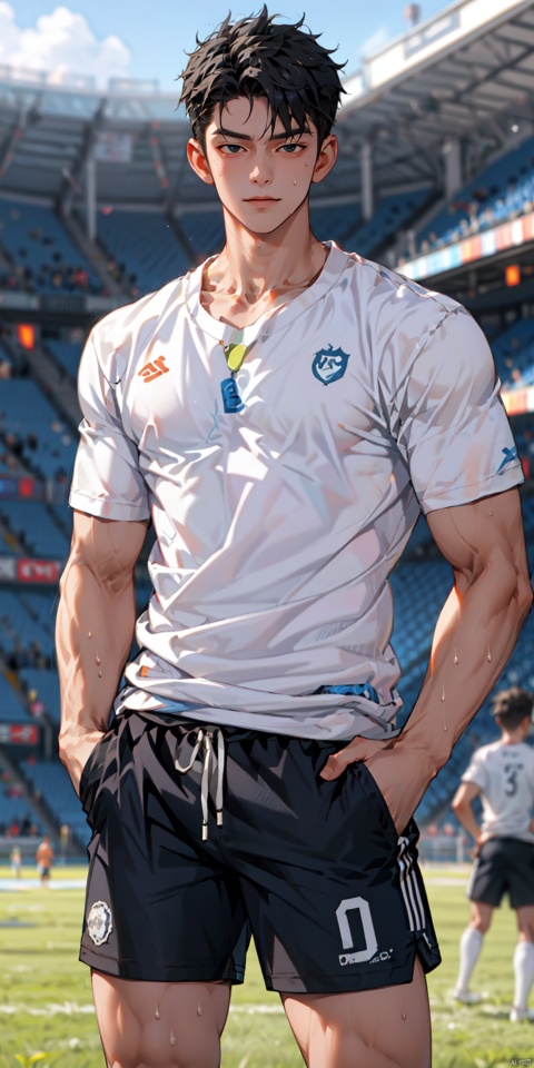  solo, looking at viewer,big eyes, black hair, 1boy, male focus, (large pectorals),thick arms, cropped shirt,(unbuttoned), shorts, hands in pockets, long legs, (thick thighs), sweat,soccer field, (wide hips), (low neckline), collarbone, sboe
