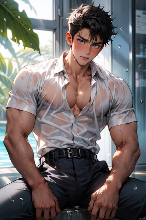 solo, looking at viewer, blush, short hair, blue eyes, 1boy, sitting, closed mouth, white shirt, male focus, sweat, collared shirt, belt, black pants, pectorals, muscular male, bara, large pectorals, wet shirt, unbuttoned, pectoral cleavage, fu