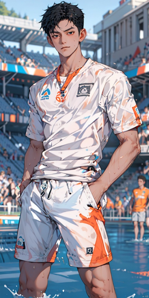  solo, looking at viewer,big eyes, black hair, 1boy, male focus, (large pectorals),thick arms, wet shirt,(unbuttoned), shorts, hands in pockets,long legs,thick thighs, sweat,soccer field, (wide hips), l(ow neckline), collarbone, sboe