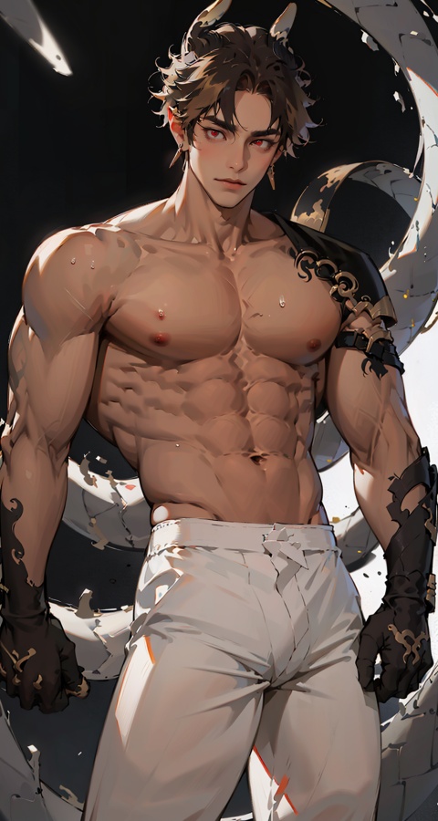 chongyue,zhongyue,earrings,red eyes,gloves,jewelry,brown hair,juvenile,  white pants,one boy, short hair,white leggings,fu,standing,(big pecs),abdominal,detailed face,(solo),detailed eyes, Perfect features,narrow waist, thick thighs, Droop your hands naturally,no top,no clothes,(very thick biceps),4rmorbre4k