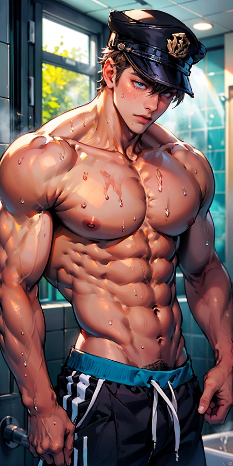  masterpiece, handsome teenager, (huge pecs), detailed eyes, solo, (abs), topless, collarbone, slim,(narrow waist), shorts,(obliques), muscular, bathroom, sweaty, Wriothesley, upper body,side mirror,peaked cap