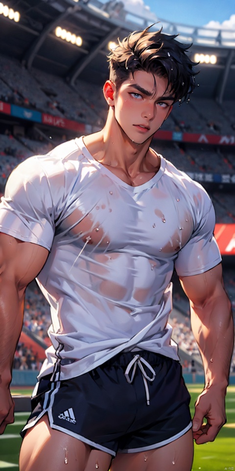  masterpiece, handsome teenager, huge pecs, detailed eyes, solo, wet clothes, white shirt,low neckline, collarbone, slim, (large pectorals), thick thighs, narrow waist,obliques, shorts,stadium, upper body, Wriothesley, niji5, fu