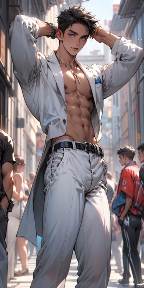 solo, looking at viewer, short hair, blue eyes, 1boy, male focus, thick arms, bara, (large pectorals),thick thighs,white dress suit, white pants,belt,low neckline,(unbuttoned), fu, niji5,sunlight, midjourney portrait