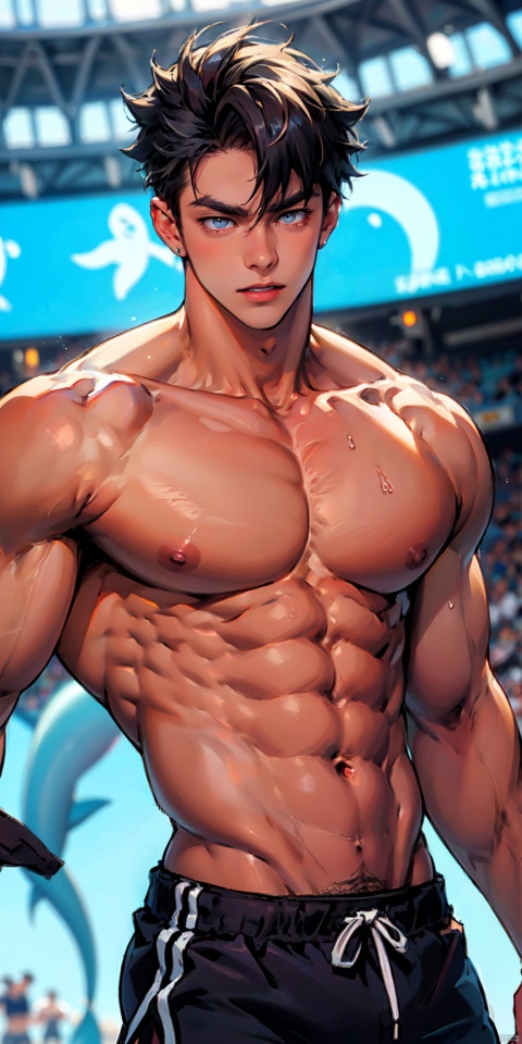  masterpiece, handsome teenager, (huge pecs), detailed eyes, solo, abs, topless, collarbone, slim, (large pectorals), narrow waist,(obliques), muscular, dolphin shorts,stadium, upper body, fu,Wriothesley,