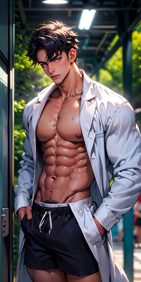masterpiece, handsome teenager, (huge pecs), detailed eyes, solo, (abs), labcoat, collarbone,short hair,slim,(narrow waist),shorts,(obliques),muscular,in the playground, Wriothesley,upper body,thick thighs,side mirror
