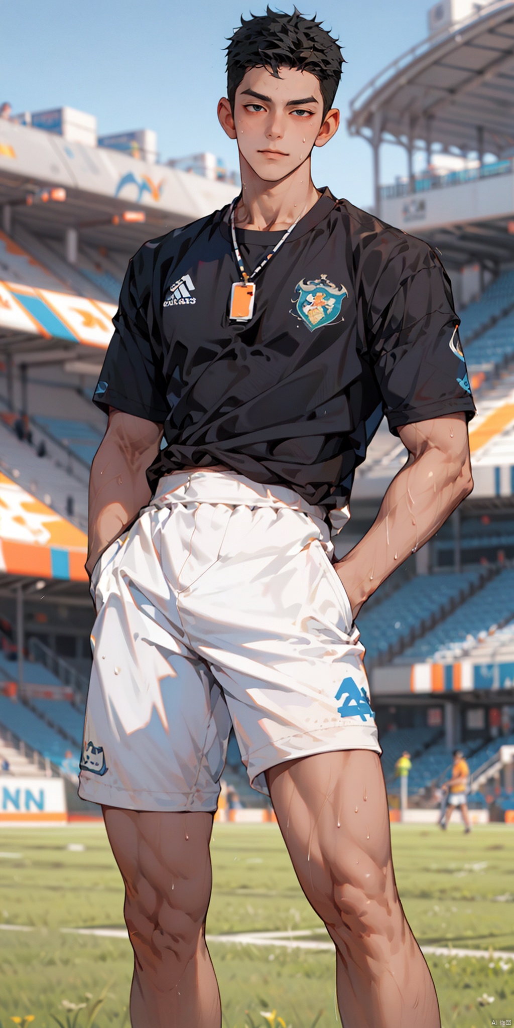 solo, looking at viewer,big eyes, black hair, 1boy, male focus, (large pectorals),thick arms, cropped shirt,(unbuttoned), shorts, hands in pockets,long legs,thick thighs, sweat,soccer field, (wide hips), l(ow neckline), collarbone, sboe