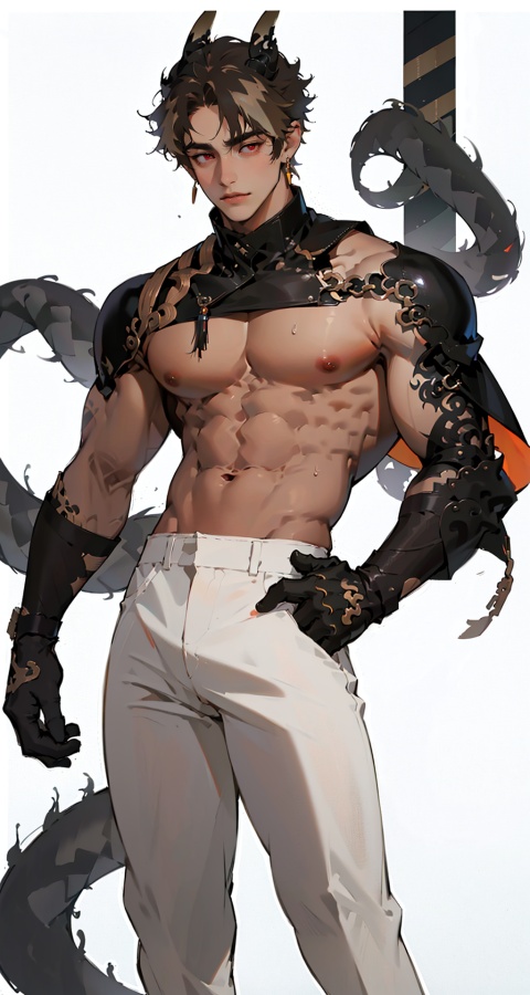 chongyue,zhongyue,earrings,red eyes,gloves,jewelry,brown hair,juvenile, white pants,one boy, short hair,white leggings,fu,standing,(big pecs),abdominal,detailed face,(solo),detailed eyes, Perfect features,narrow waist, thick thighs, Droop your hands naturally,no top,no clothes,(very thick biceps),4rmorbre4k