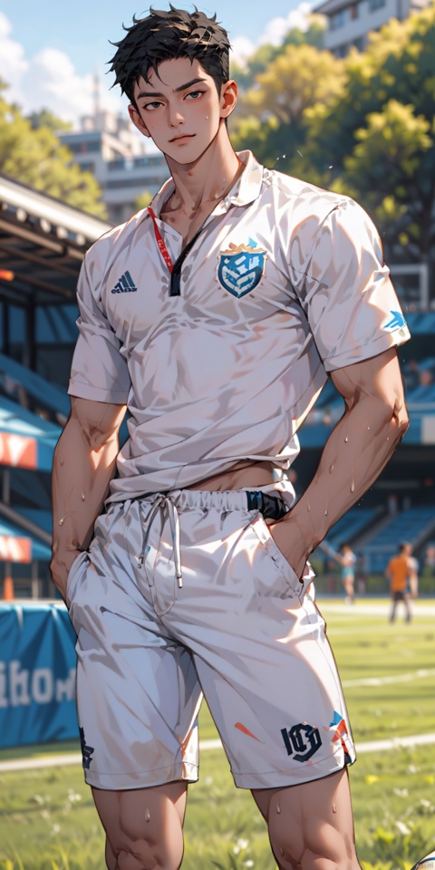  solo, looking at viewer,big eyes, black hair, 1boy, male focus, (large pectorals),thick arms, cropped shirt,(unbuttoned), shorts, hands in pockets,long legs,thick thighs, sweat,soccer field, (wide hips), (low neckline), collarbone, sboe