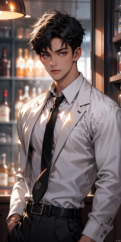 solo, looking at viewer, black hair, 1boy, jacket, white shirt, upper body, male focus, collared shirt, belt, pants, black jacket, formal, suit, white necktie,muscular,large pectorals,unbuttoned,bar