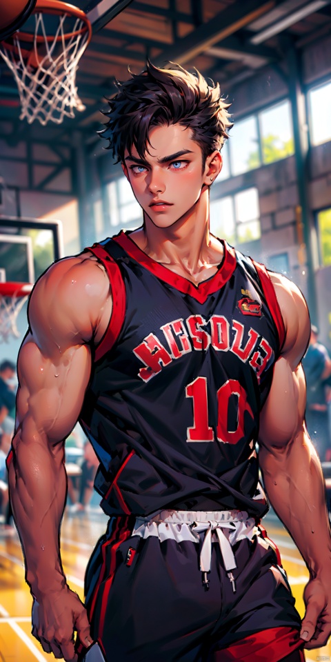 masterpiece, handsome teenager, (huge pecs), detailed eyes, solo, (abs), basketball jersey, collarbone,short hair,slim,(narrow waist),shorts,(obliques),muscular,in the playground, upper body,thick thighs,side mirror, Wriothesley,(no basketball)