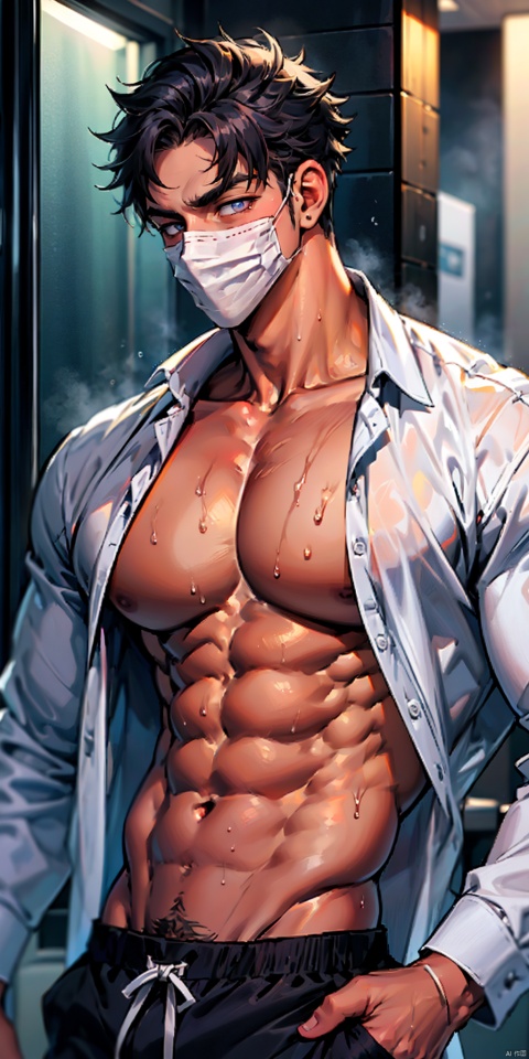  masterpiece, handsome teenager, (huge pecs), detailed eyes, solo, abs, white open shirt, collarbone, slim,(narrow waist), shorts,(obliques), muscular, bathroom, sweaty, Wriothesley, upper body,side mirror,mouth mask