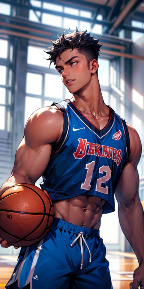 masterpiece, handsome teenager, (huge pecs), detailed eyes, solo, (abs), basketball uniform, collarbone,short hair,slim,(narrow waist),shorts,(obliques),muscular,in the basketball court, upper body,side mirror, niji5,(no basketball)