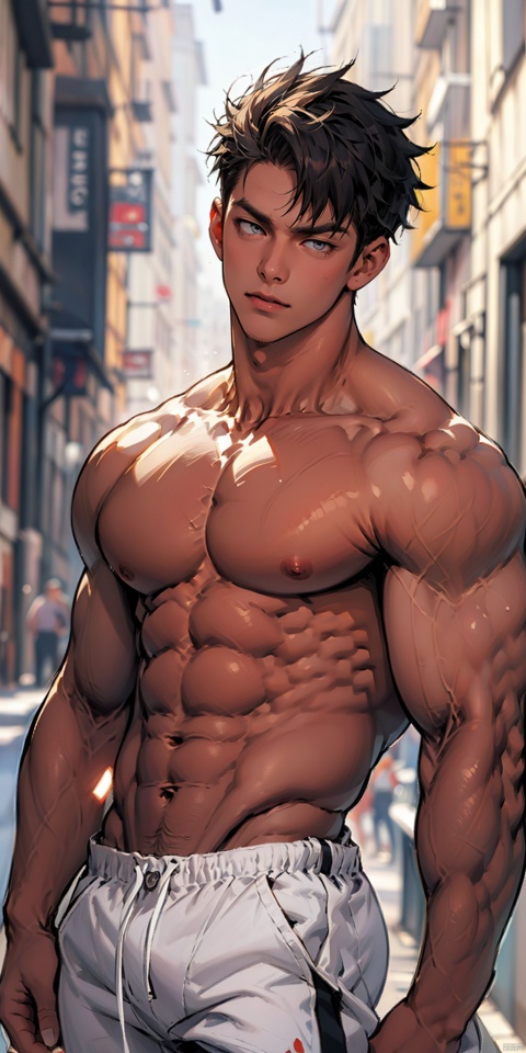  masterpiece, handsome teenager, (huge pecs), detailed eyes, solo, abs, topless, collarbone, slim, (large pectorals), narrow waist,(obliques), muscular, street, upper body, fu, niji5, Wriothesley