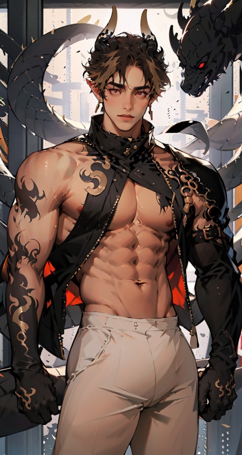 chongyue,zhongyue,earrings,red eyes,gloves,jewelry,brown hair,juvenile,  white pants,one boy, short hair,white leggings,fu,standing,(big pecs),(abdominal),detailed face,(solo),detailed eyes, Perfect features,narrow waist, thick thighs, Droop your hands naturally,no top,no clothes,(thick biceps),4rmorbre4k